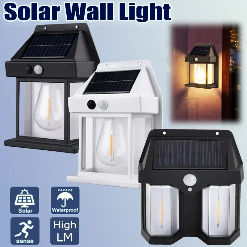 Solar Tungsten Wall Lamp Outdoor Solar Motion Sensor Light 3 Lighting Modes Waterproof Lantern 3000K Warm White for House Garden