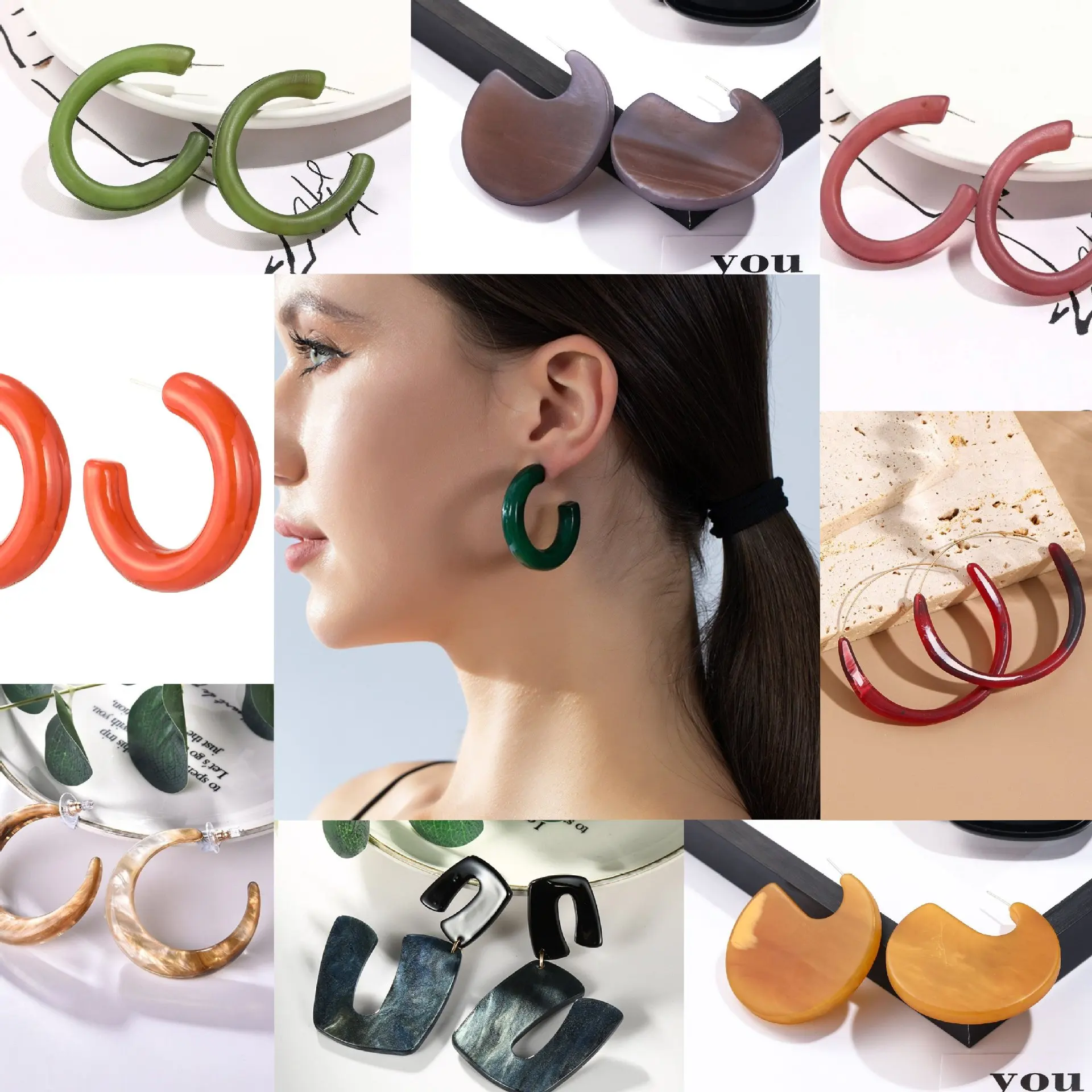 DIY accessories C-shaped acrylic earrings niche design light luxury stud earrings women's retro fringed temperament jewelry whol