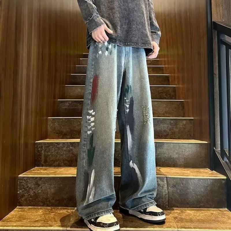 

Fashionable Pants for Men in Autumn American High Street Ripped Jeans Loose Casual Personality Straight Wide Leg Pants