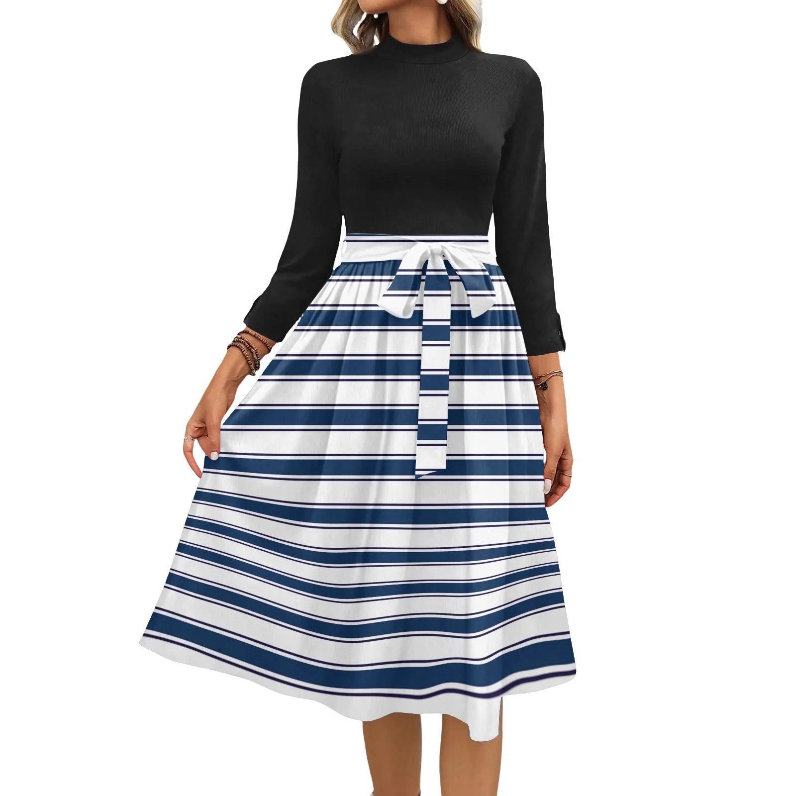 Damesmode Casual Riem Zeven Mouw Ronde Hals Bloemen Temperament Jurken Vestidos Para Mujer Vrouwelijke Jurk Y2k Traf Nieuwe