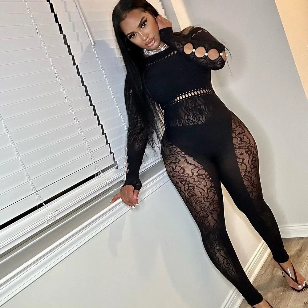 

FAGADOER Black Fashion Thick Lace Embroidery Perspective Bodycon Jumpsuits Women Round Neck Long Sleeve Elasticity Slim Playsuit