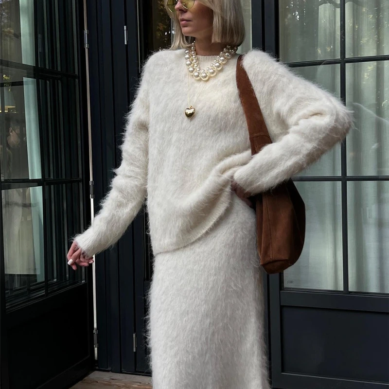 Langarm Pullover Schlank Hohe Taille Rock 2Anzüge Herbst Winter Dame Kleidung TARUXY Gestrickte Oansatz Pullover Set frauen Solide