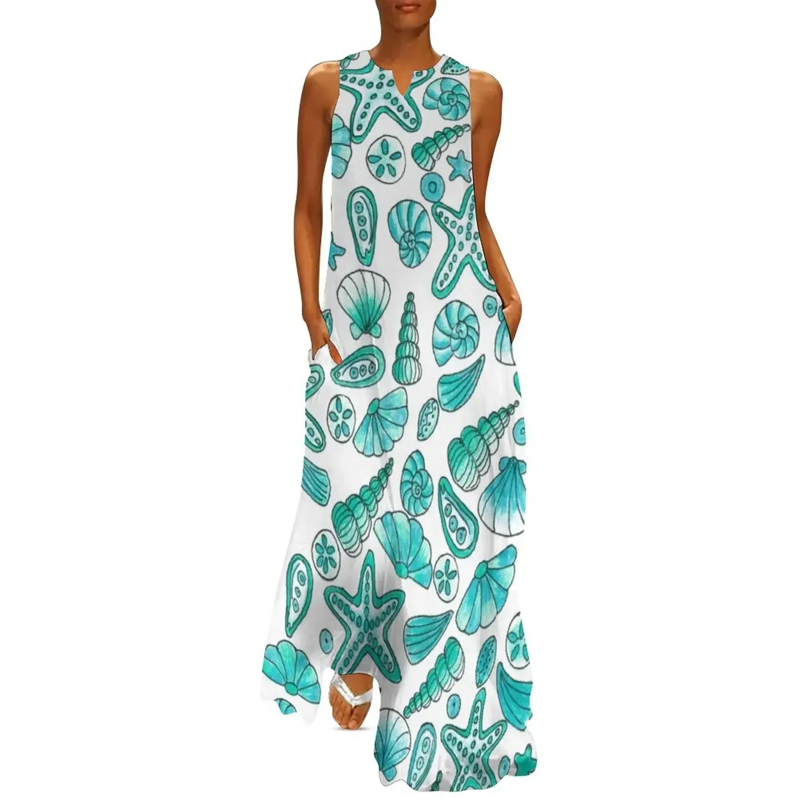 

Turquoise seashells Long Dress Party dresses dresses korean style women's elegant loose dresses with long sleeves Dress