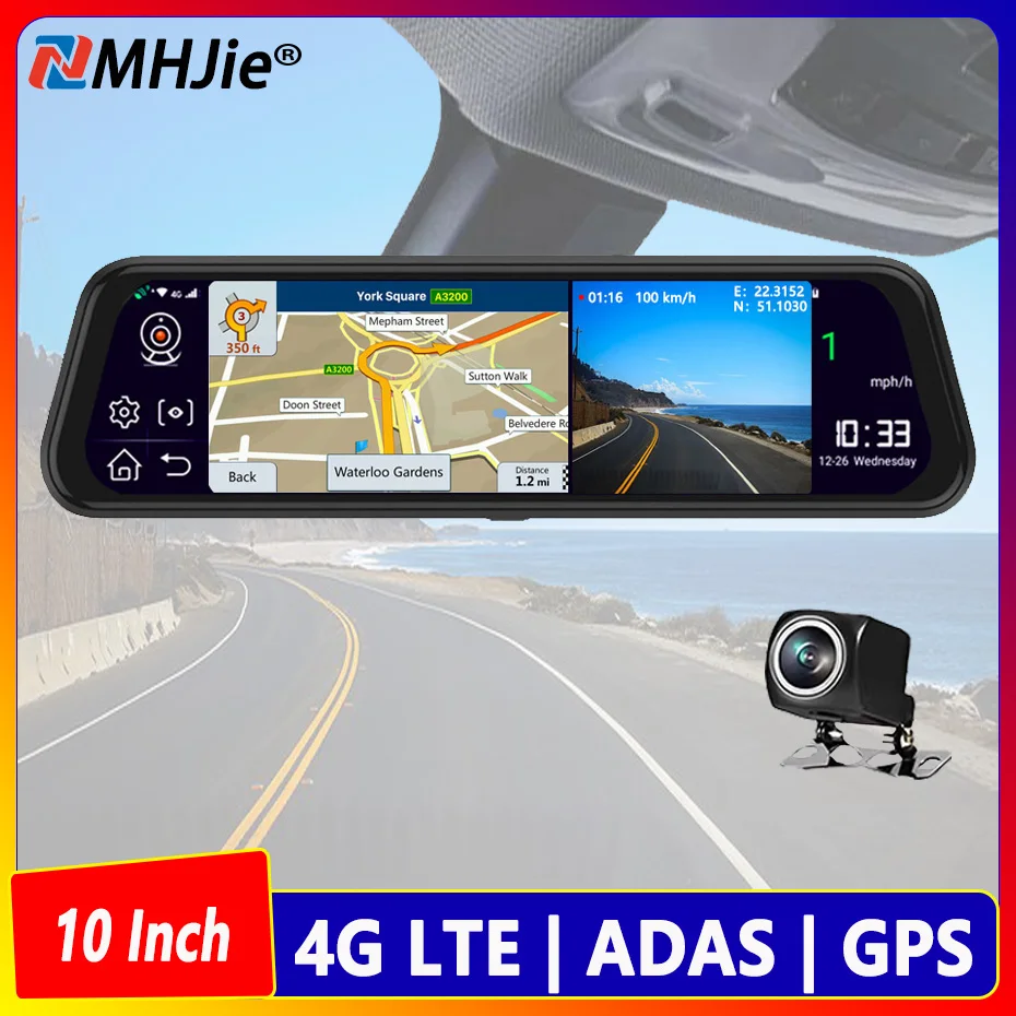 10 "سيارة مرآة الرؤية الخلفية داش كام 4G أندرويد 8.1 نظام تحديد المواقع والملاحة بلوتوث واي فاي كاميرا فيديو مسجل مراقبة عن بعد ADAS DVR