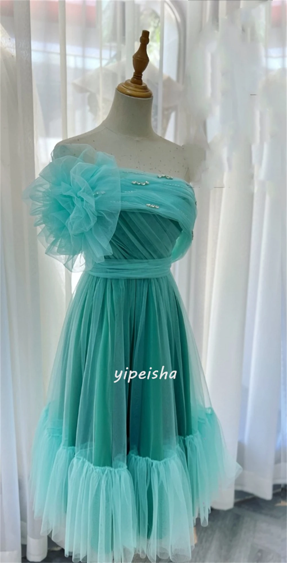 Customized Exquisite Net Sequined Flower Pleat Ruched Handmade Flower A-line One-shoulder Midi Dresses Celebrity Dresses Classic