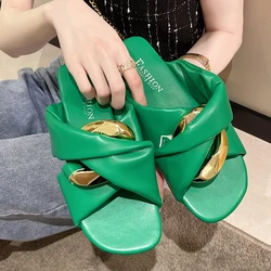 New Ladies Slippers Women Flip Flops 2022 Summer Casual Indoor Pu Metal Decoration Square Toe Outside Green Slides Female Shoes