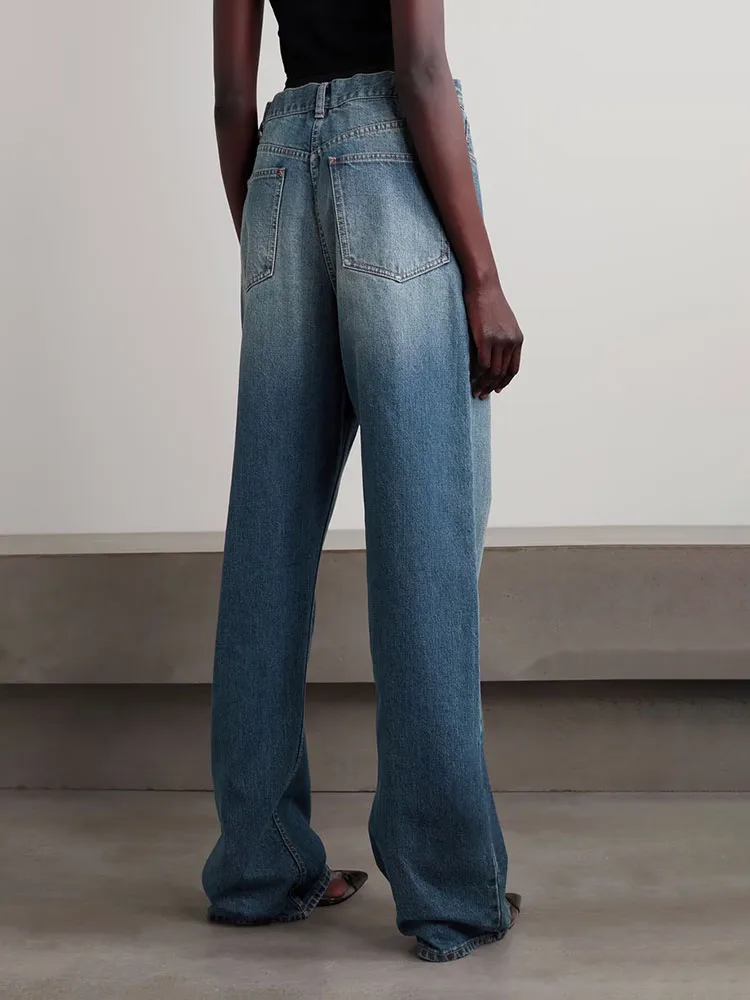 Y2K-Pantalon droit décontracté en coton pour femme, couleur flashy, épissage à la taille, pantalon traînant, haute audiJeans2024, printemps et été