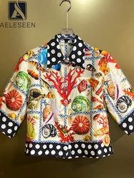 AELESEEN High Quality 100% Silk Blouse Runway Fashion Women Summer Turn-down Collar Shell Conch Printed Sicilian Short Top