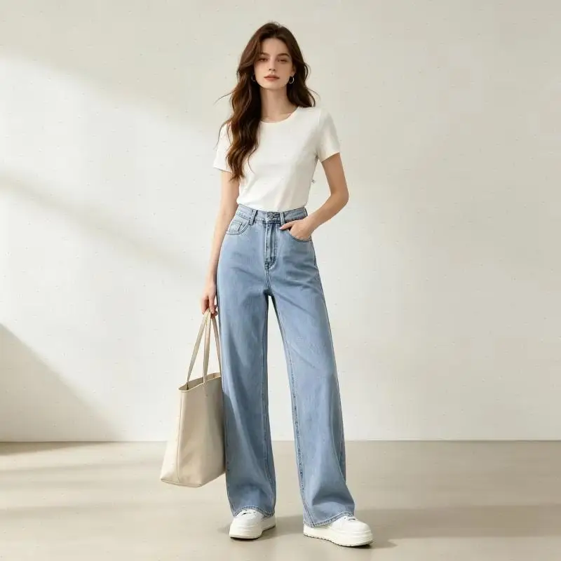 Women Denim Pant Jeans Vintage Wide Leg Long Pants High Waist Straight Trousers Full Length Y2k Streetwear Frayed Work Casual