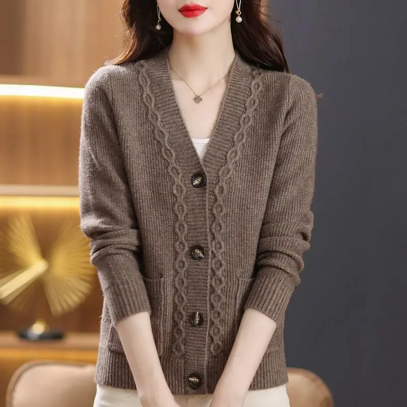 Cárdigan grueso con cuello en V para mujer, suéteres informales de punto que combinan con todo, color sólido coreano, moda Vintage, primavera y