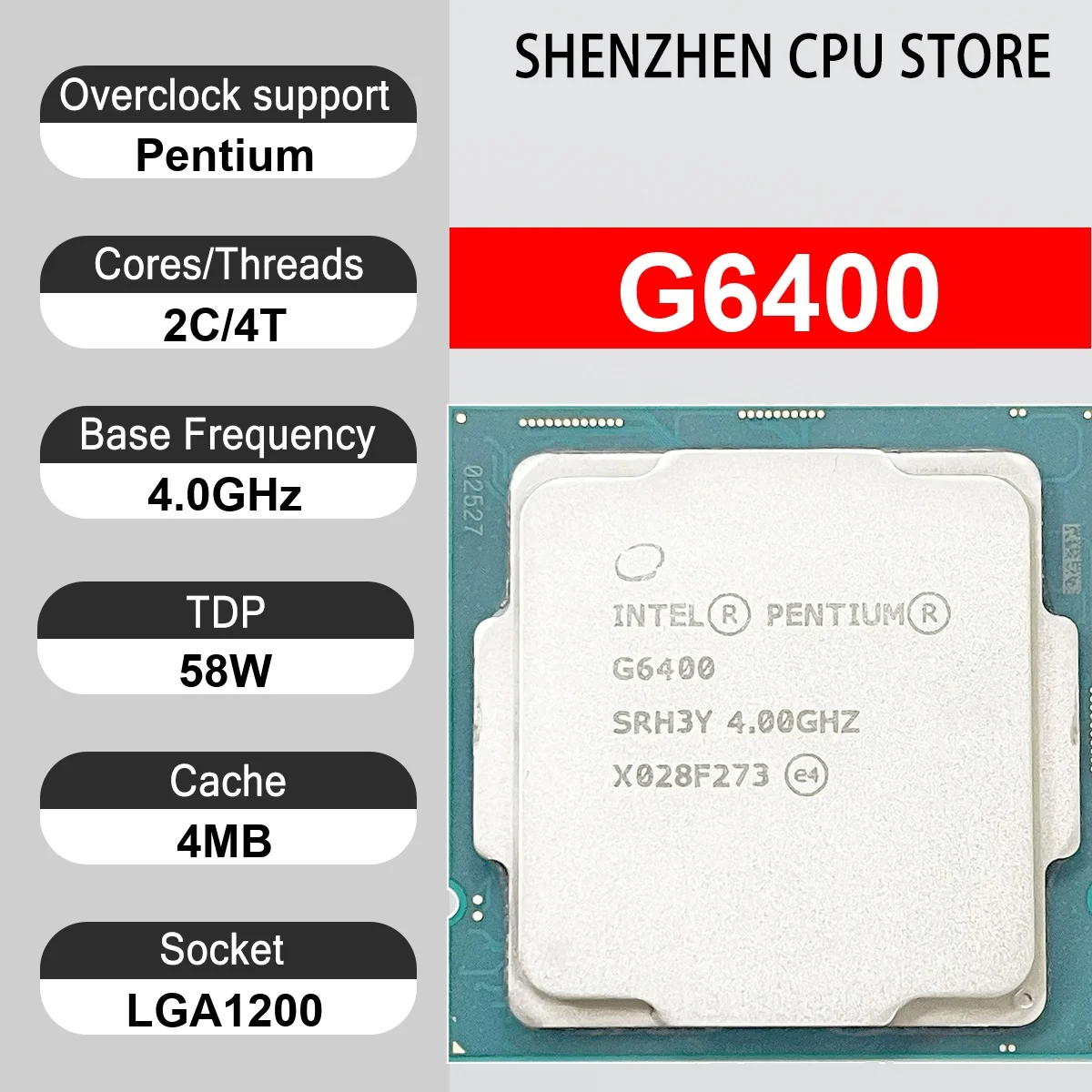 Intel Pentium G6400 2 Core 4 Thread 4.0GHz 58W 4MB Cache 14nm Comet Lake-S DDR4-2933 MHz SRH4V LGA1200 UHD Graphics 630