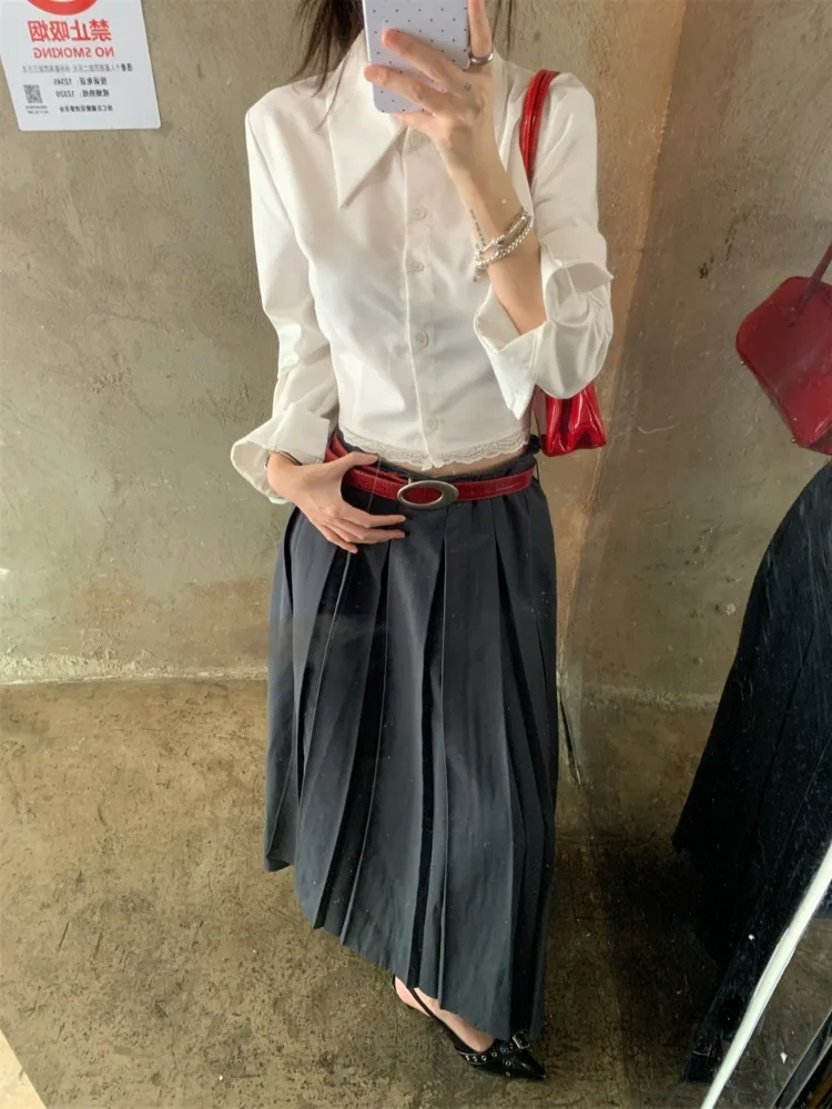 

ZHISILAO New High Waist Pleated Skirt Women Vintage Y2K Solid Long Skirt Autumn 2024