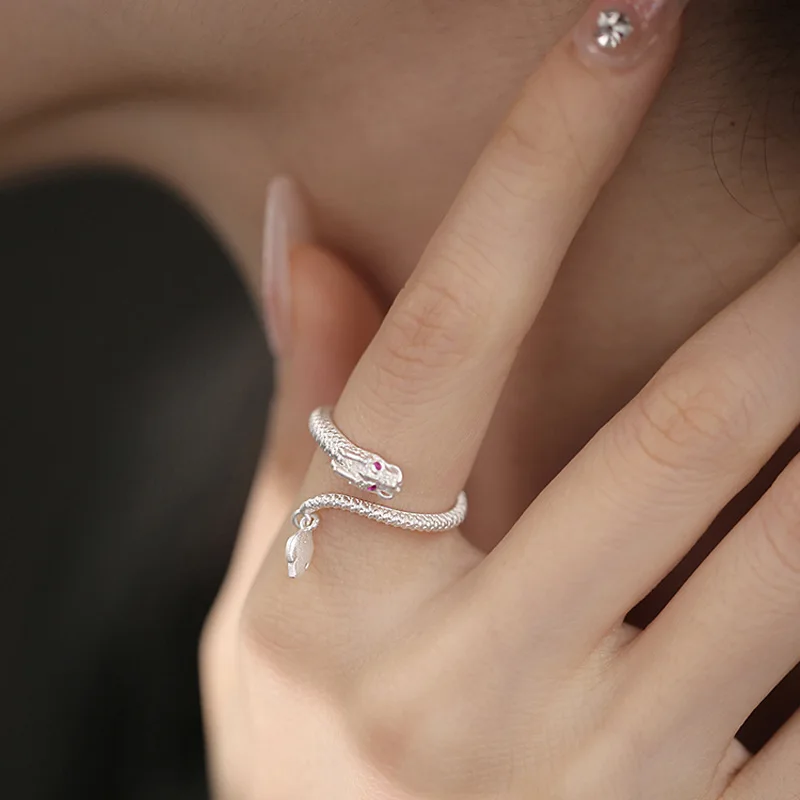 Women's Long Dragon Ring with Red Zircon