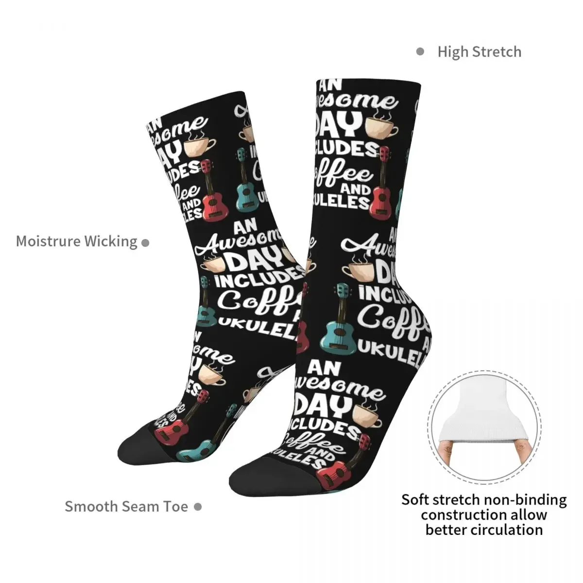 Ukulele Player & Coffee Drinker Socks Harajuku Sweat Absorbing Stockings All Season Long Socks Accessories for Man Woman's Gifts