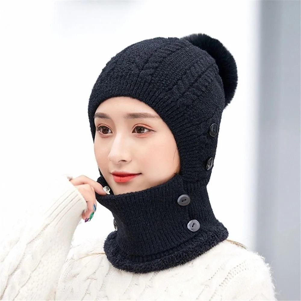 

Warm Wool Knitted Women Wool Knitted Hat Thick Keep Face Warmer Knit Scarf Cap Face Warmer Pompoms Cap