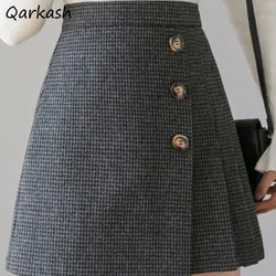 Houndstooth Vintage Button Fly Pleated Loose High Waist A-line All-match Mujer Mini Skirts Women French Style Streetwear Girls