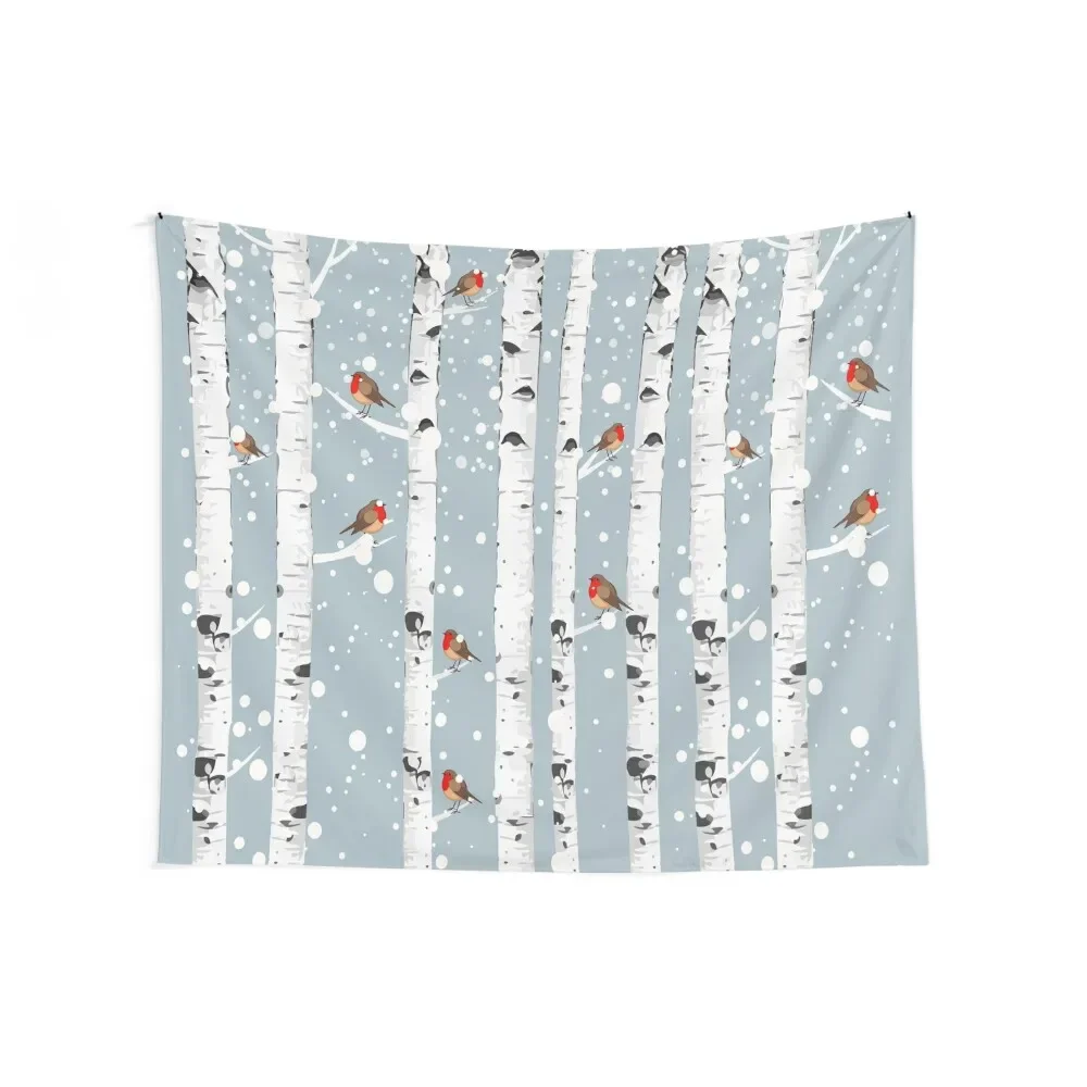 Birch trees forest and robin bird, this is redbreast in winter forest, perfect for natura lovers Tapestry