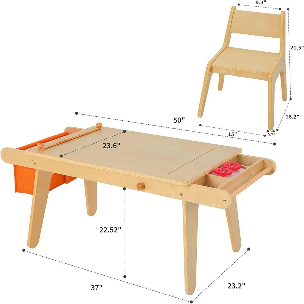 Kids Table and Chair Set, Kids Art Table with 2 Stools, Storage Bag & Paper Roll, Kids Desk & Chair Set, Craft Table and Chairs