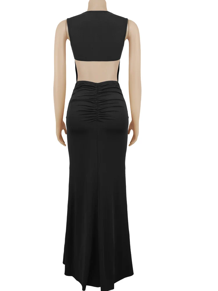 Kricessen sexy zwarte mouwloze maxi-jurk voor dames, gouden gesp, ruches, uitgesneden rug, zeemeermin, formele avondjurk