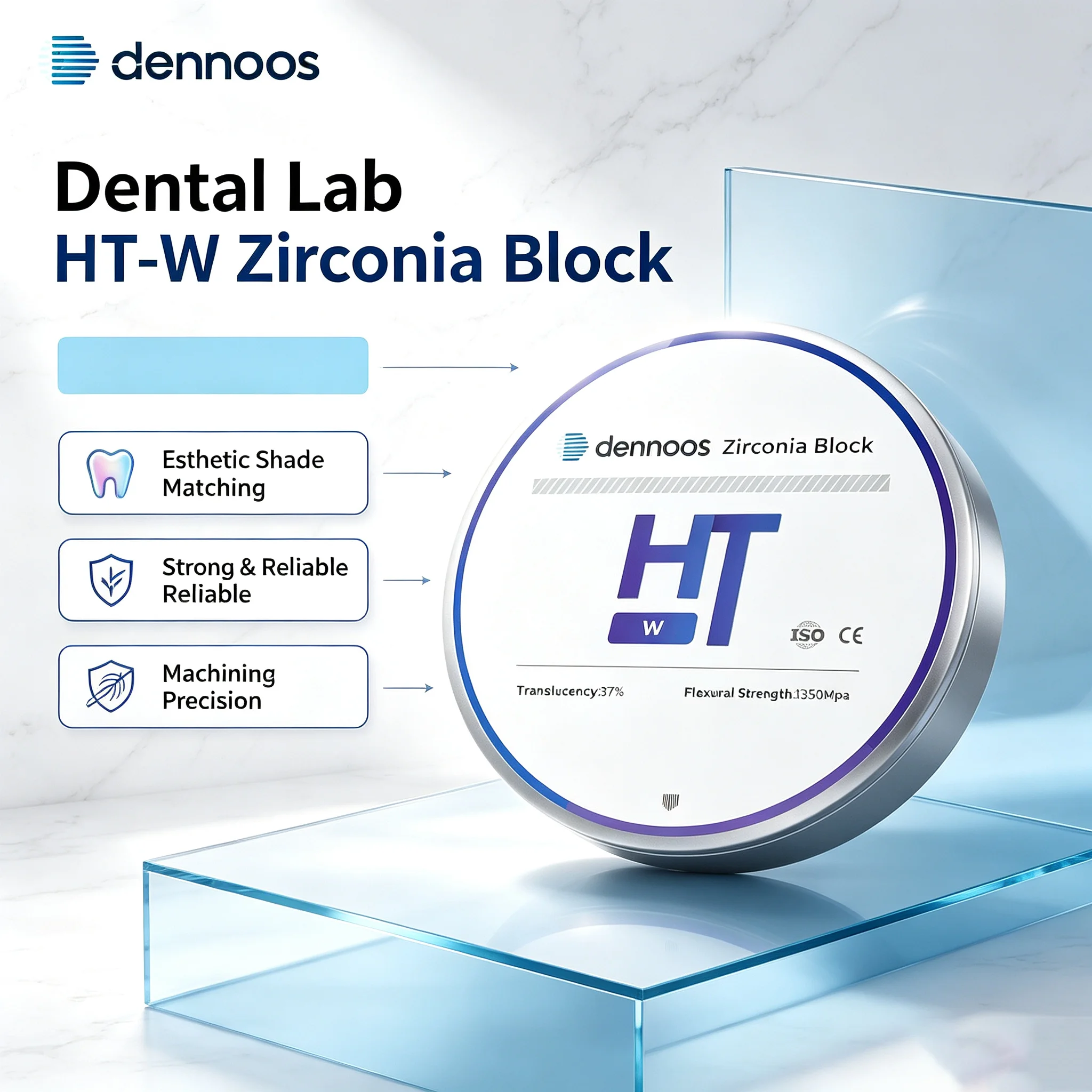 Dennoos HT-W Dental Lab Zirconia Block Zirconia Disc Dentist Material for CAD CAM 98*10-25mm Open System Dental Lab Material