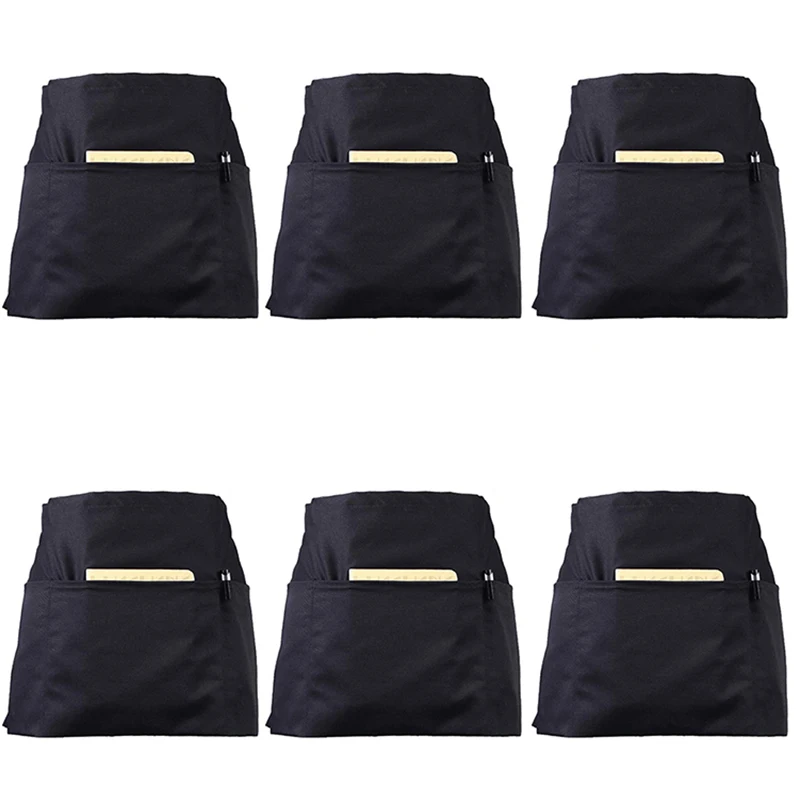 6 Pack Black Waist Aprons With 3 Pockets - Half Aprons For Waitress Waiter 24 X 12 Inch Server Aprons For Holding Server Book Gu