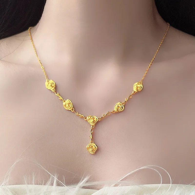 

K18 Gold Color Lucky Rose Flower Necklace Pendant Clover Collar Necklace Sets Popular Chain Bracelets Gifts Not Fade