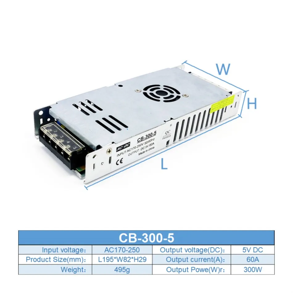 170-250V AC to DC 5V 60A 300W Aluminium Case Ultra-thin Switching Power Supply with Built-in Fan for OLED LCD LED Display Screen