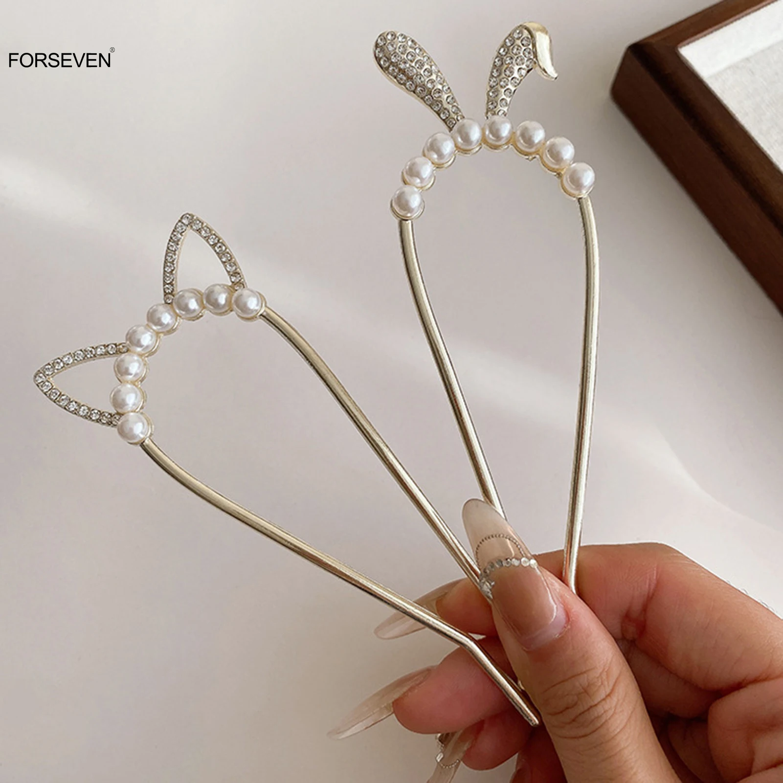 U Shaped Hairpins Hair Clips Cute Rabbit/Cat Ear Shaped Hair Sticks Forks Pearls Headdresses Women Girlfriend Hair Jewelry