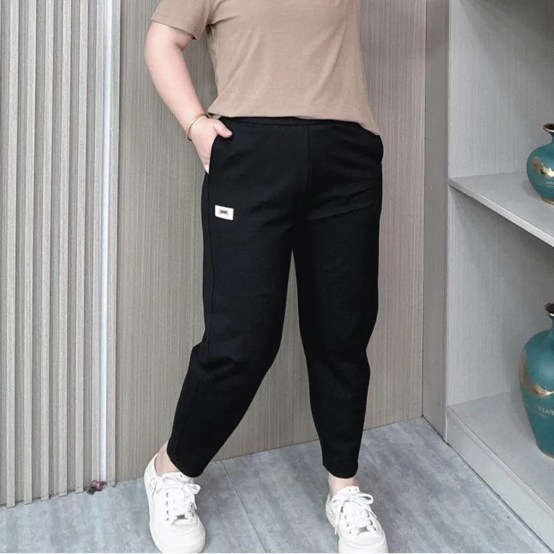 New Casual Pants Women Summer 2024 Plus Size Elastic High Waist Label Loose Ankle-Length Harem Pants