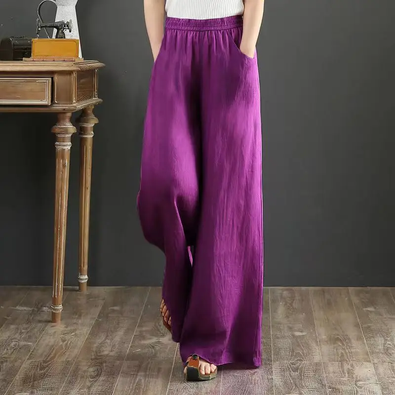 new Casual Cotton Linen Wide Leg Pants Women Loose Comfort Elastic Waist Harem Pants Vintage Solid Summer Cropped Pants Trousers