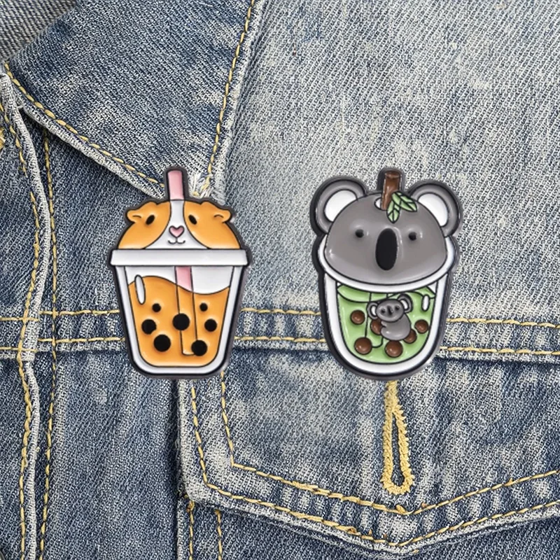 Niedliche Bubble-Tea-Tier-Emaille-Anstecker, Kawaii-Cartoon-Getränkebecher-Pins, wilde Haustier-Charakter-Broschen, Reversnadel-Set, Geschenk für Freunde – Detail 3