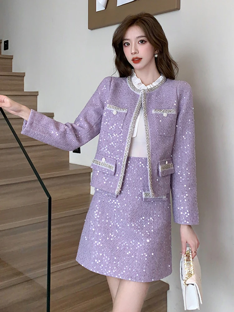 Women Clothes Vintage Sequin Tweed Outfits Ladies Elegant Luxury Coat Tops Jacket Outwear Short Skirt Mujer 2 Pieces Set Formal