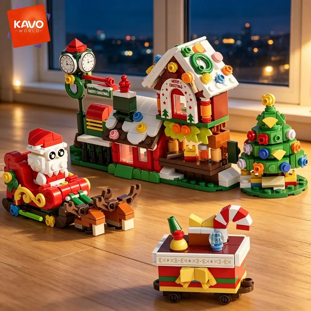 KAVOWORLD 8 in 1 Christmas Elk Deer Santa Claus Snow House Building Blocks 690pcs Christmas Park Xmas Tree Bricks Set Toys Collection Holiday Village Bricks Santa Sleigh Tree Mini Scene DIY Assembly Creative Build Home Decor Xmas Winter Holiday Party Gift