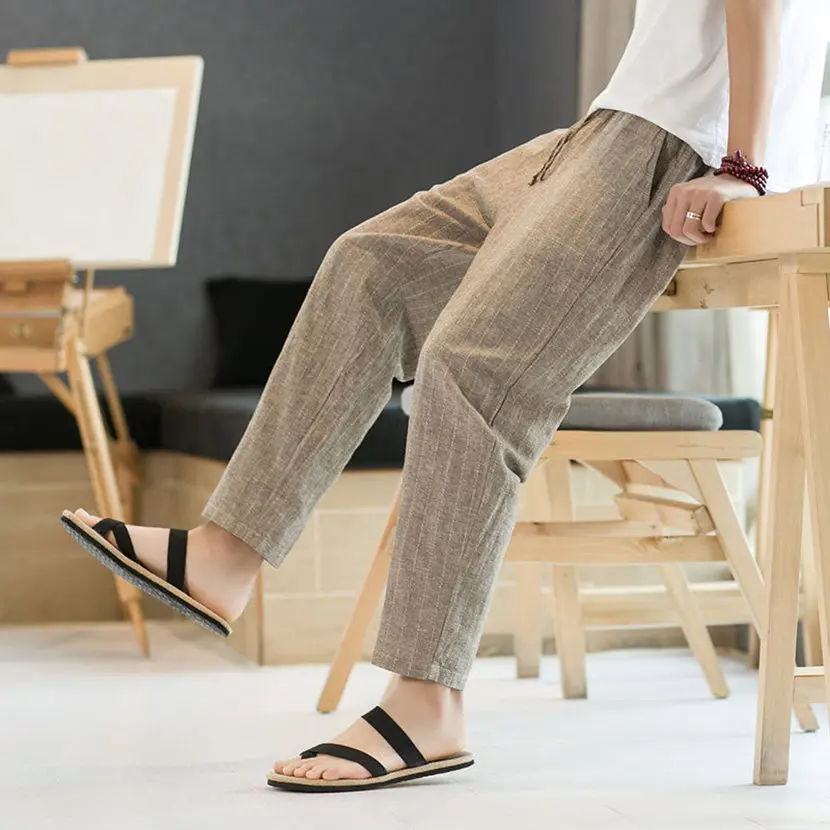

Cotton Linen Men's Sport Pants Striped Summer Lightweight Breathable Loose Fit Casual Trousers Straight Leg Elastic Waist