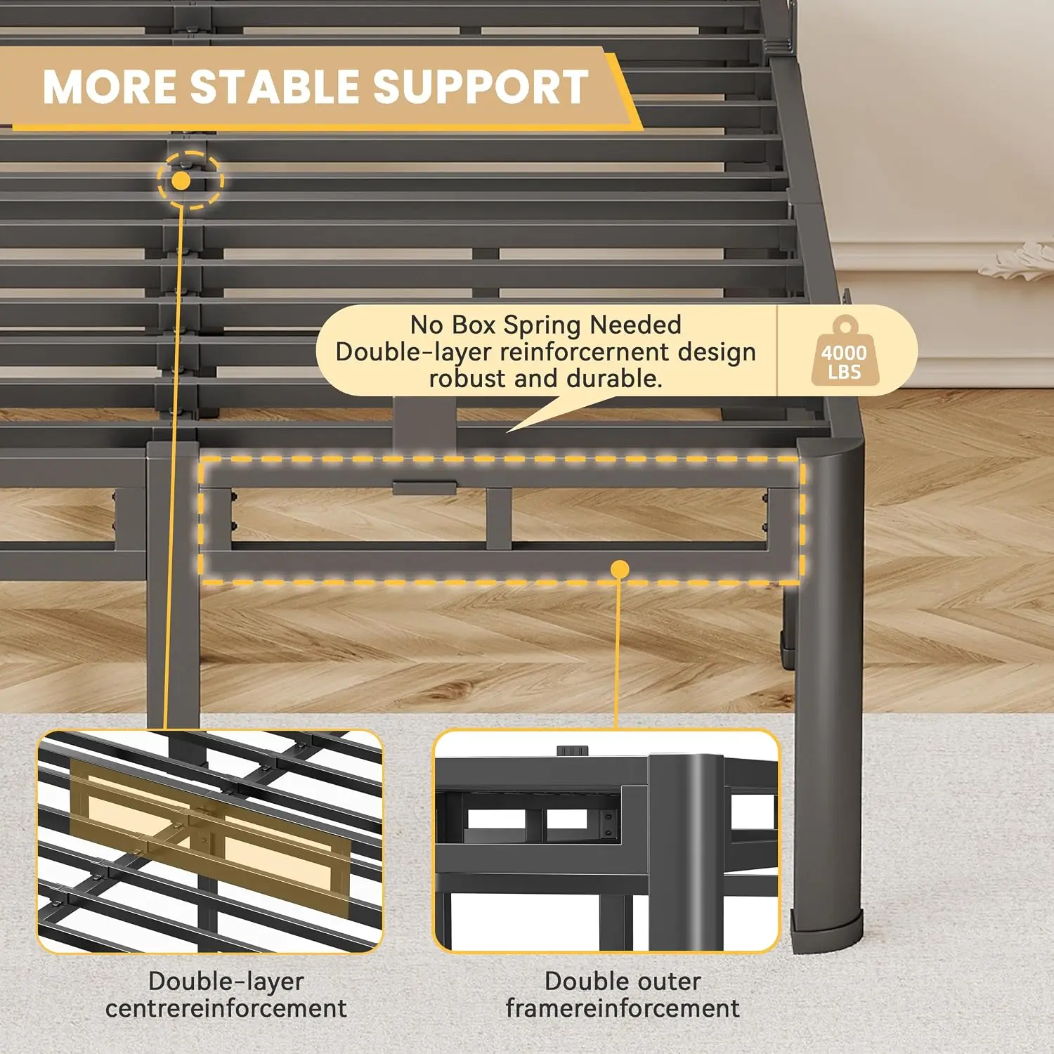 King Size 14 Inch 2-in-1 Double Layer Heavy Duty Metal Platform Bed Frame, Holds Up to 4000 Lbs, Noise Free Base with Round Corner Legs, 6 Anti-Slip Mattress Stoppers, Reserved Headboard Holes, 10 Inc image 3