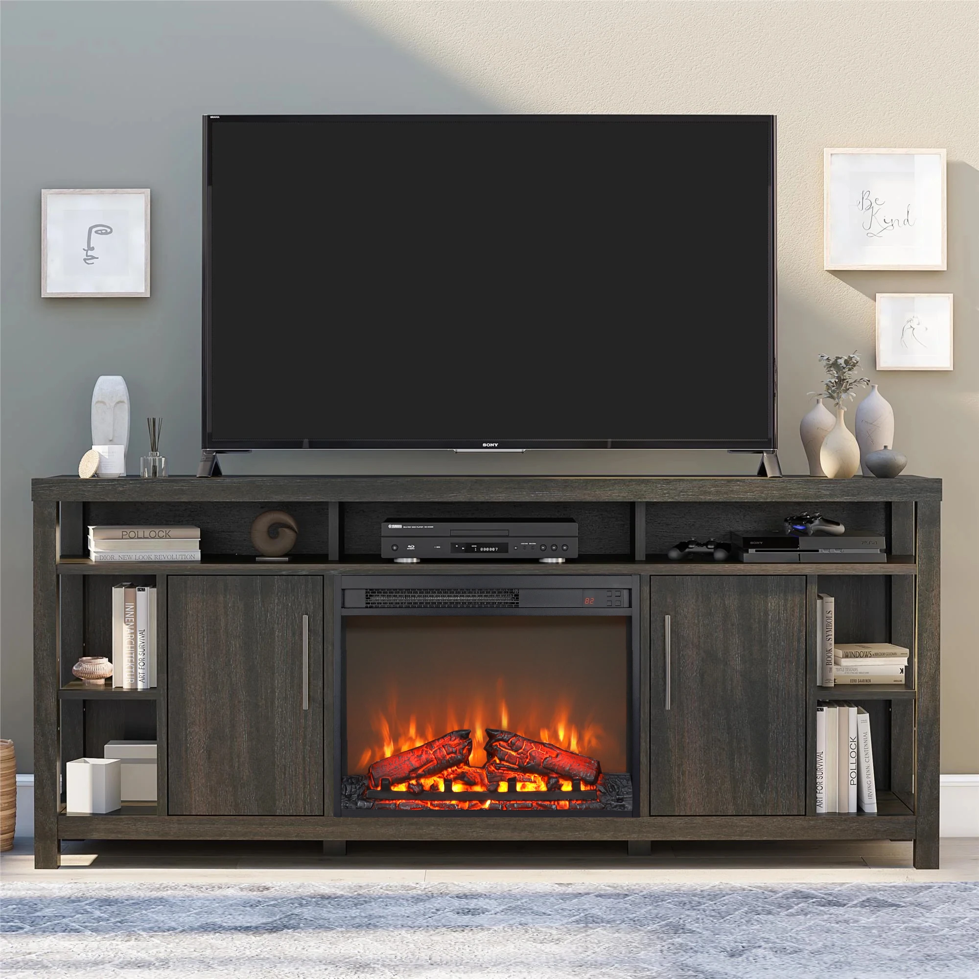 23 Inch Electric Fireplace Insert Ultra Thin Heater with Log Set and Realistic Flame Remote Control with Timer and