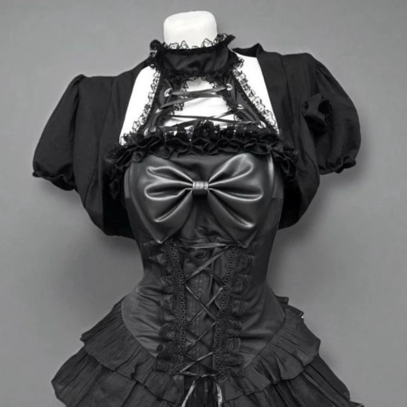 Japan Gothic Style Lolita Skirt Set Women Punk Black Short Cardigan Bow Lace Slash Darkly Dress Suit Female Y2k Slim 2 Piece Set