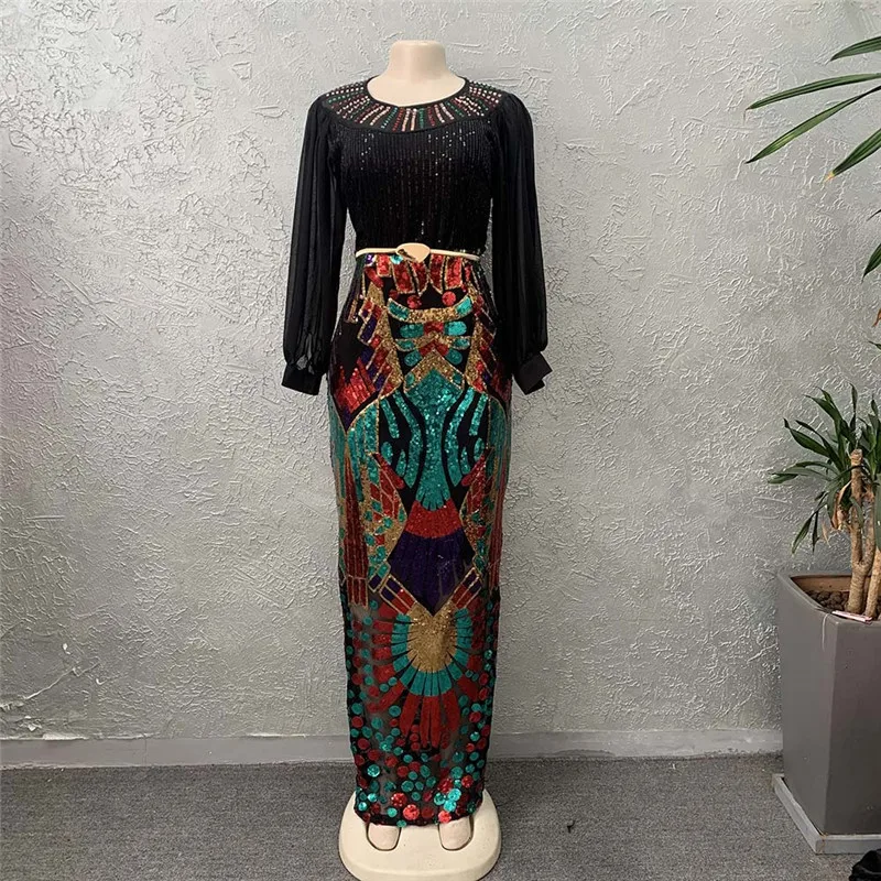 Elegant Luxury Evening Party Long Dresses Vintage Bazin Sparkle Glittering Sequin Sexy Sheath Maxi Dress African Women Chic Gown