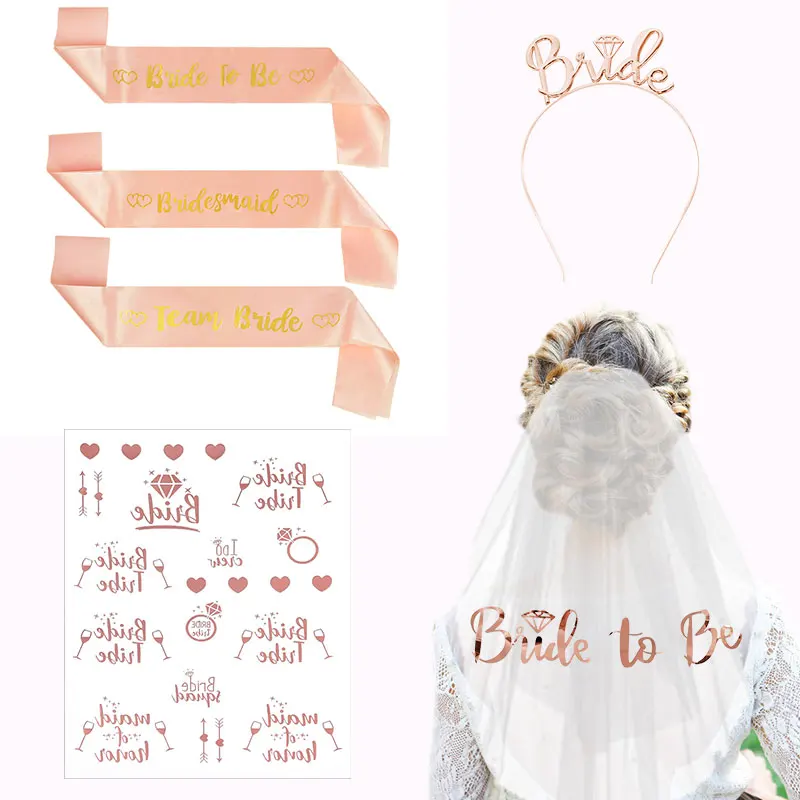 Wedding Decorations Bridal Shower Wedding Veil Bachelorette Party Satin Sash Tattoo Sticker Crown Headband Hen Party Decor Set