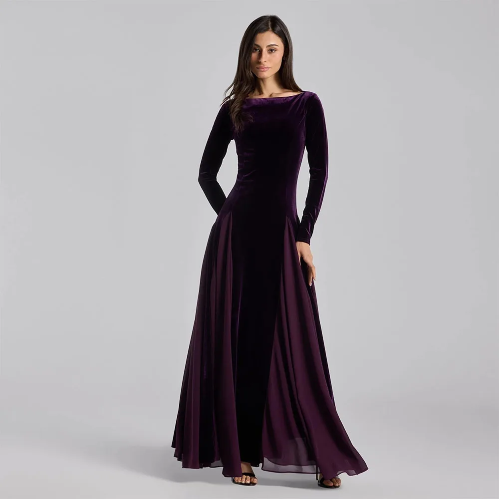 

Vanessa Dark Purple Chiffon Evening Dresses for Women Customized Velour Top Long Sleeves A-Line Special Occasion Prom Gowns 2026