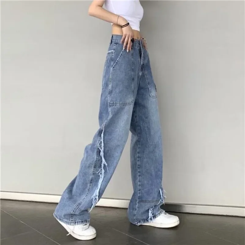 Jean en Denim à Jambes Larges avec Poches pour Femme, Pantalon Ample, Délavé, Moyen, Taille X, Grande, pour Adolescents, en Vente, Années 90