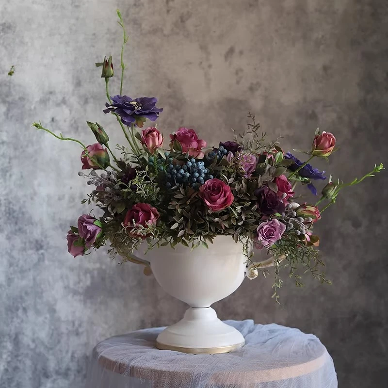 Retro white wrought iron flower ware French big flower weng wedding banquet table decorative vase