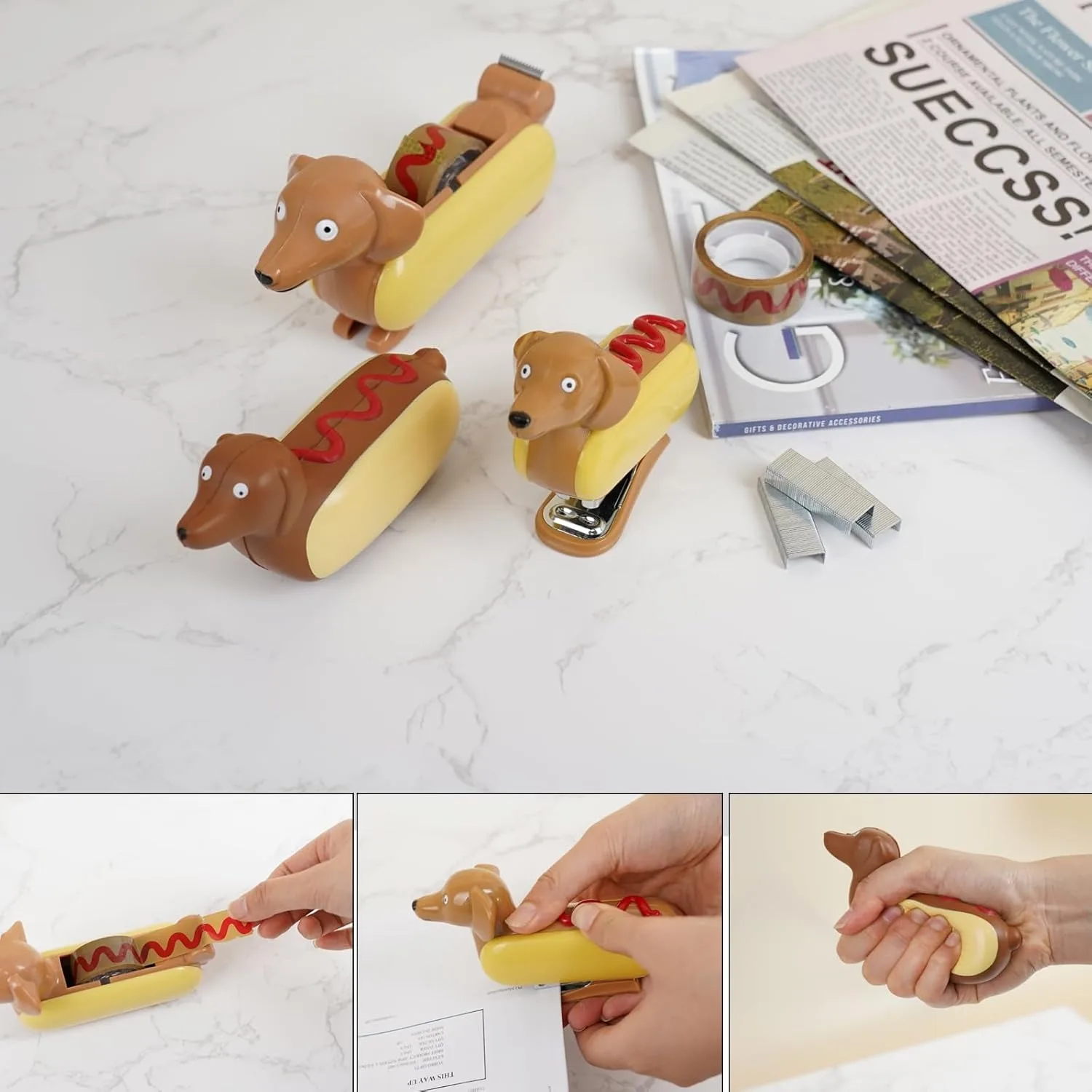 Kit d'agrafeuse de bureau, fournitures de bureau comprenant un distributeur de ruban adhésif et une mini agrafeuse, un mini dachshund design hot dog