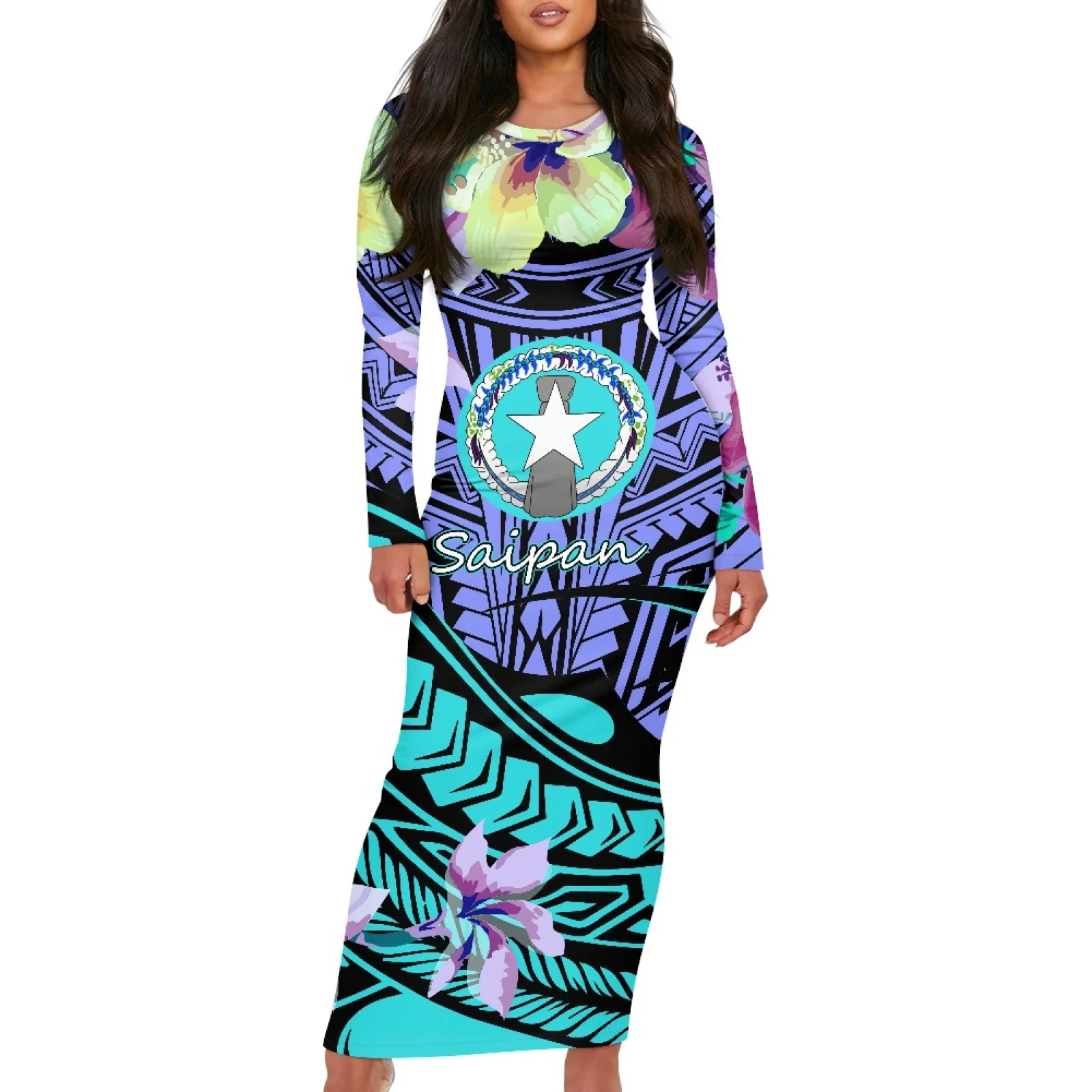 

Женское элегантное тонкое платье макси, сексуальное Повседневное платье с круглым вырезом и длинными рукавами, полинезийское племенное фибрийское платье с татуировкой ГУАМ