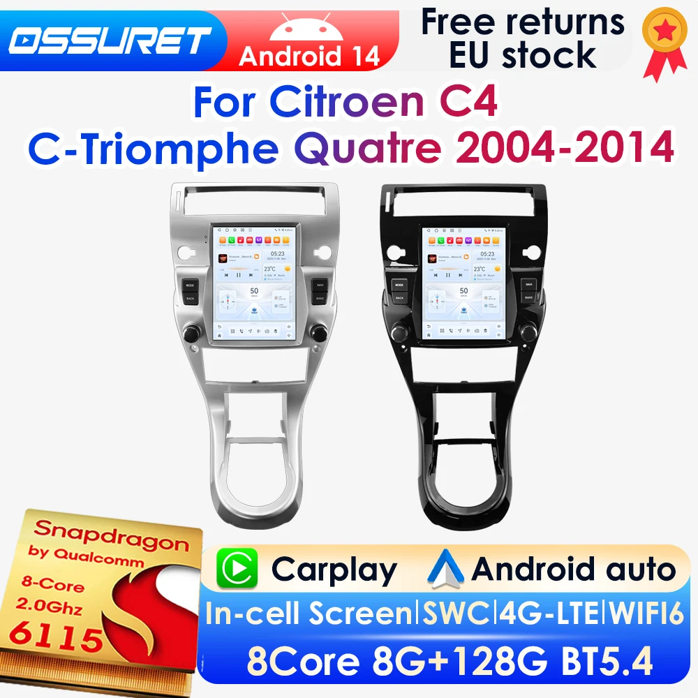 2 DIN 9,7 Zoll Vertikaler Bildschirm Android 14 Autoradio für Citroen C4 C-Triomphe Quatre 2004-2014 Auto-Multimedia-GPS-Player Kabelloses Carplay Android Auto 4G DSP BT Mirror Link SWC