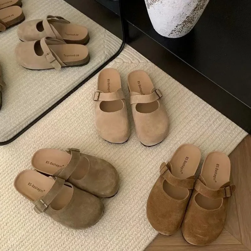 Sandalias bajas de cuero y terciopelo para mujer, zapatos de tacón bajo de gamuza y Goma, calzado básico aterciopelado, nuevo estilo