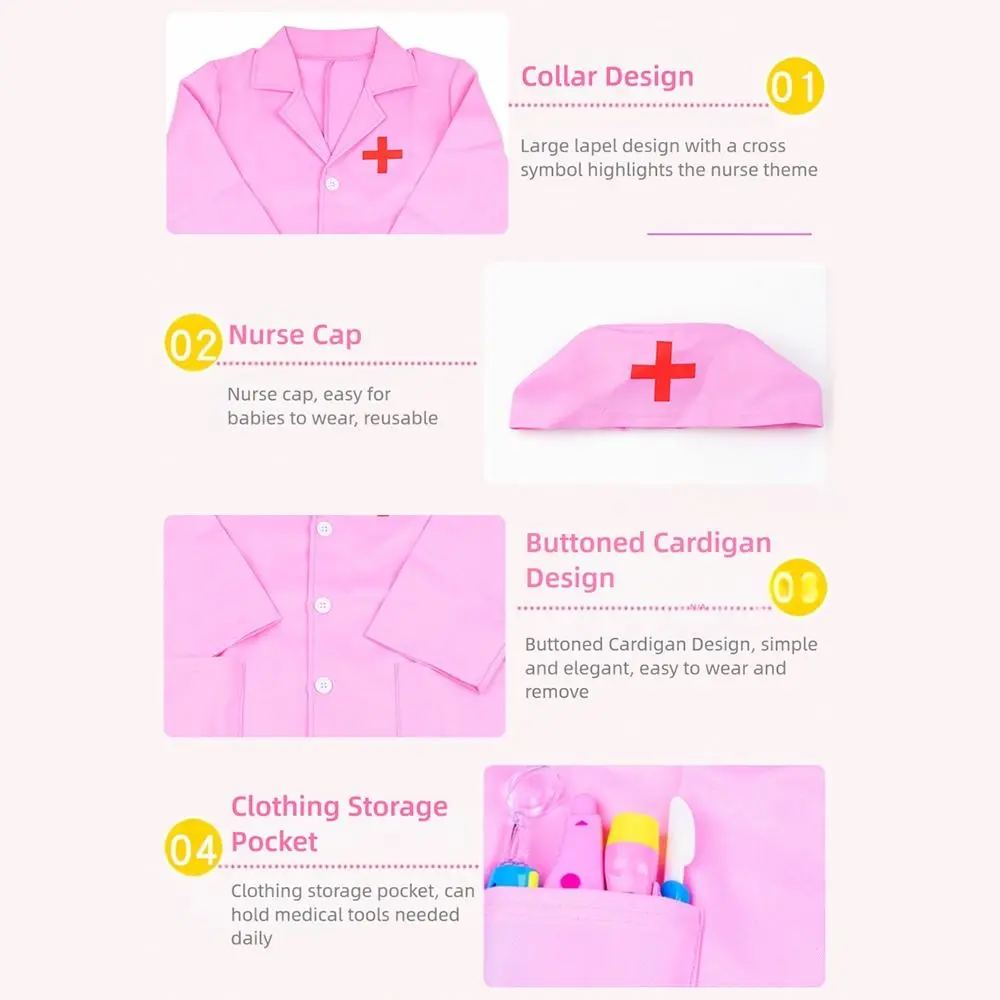 1 Juego de ropa de juguete para niños, color blanco y rosa, casa de juego, juego profesional, ropa de médico, disfraz de actuación, juego de rol, ropa de enfermera