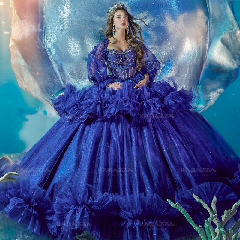 

Navy Blue Shiny Quinceanera Dresses Ball Gown Off The Shoulder Lace Beading Crystal Corset Tiered Tull Party Birthday Sweet 16