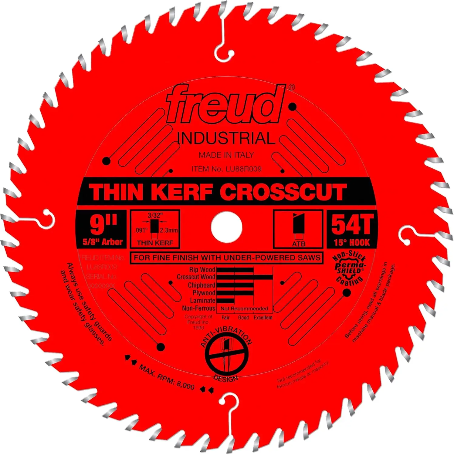 

9" Thin Kerf Fine Finish Crosscut Saw Blade, 54 Teeth ATB, 5/8" Arbor for Clean Cuts