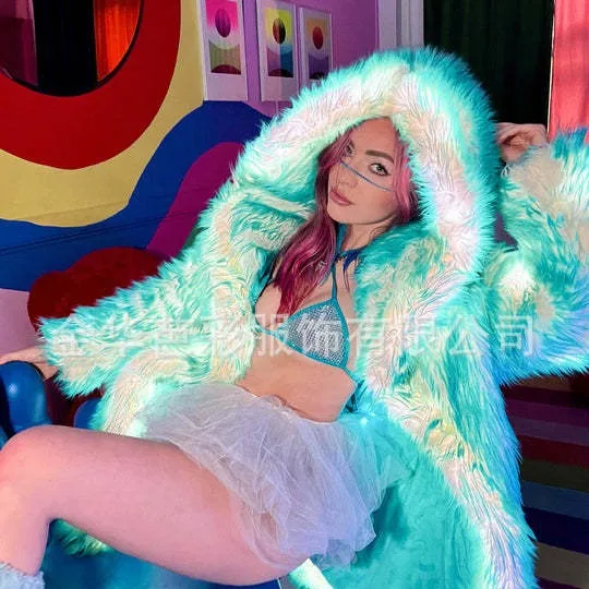 Faux Fur Coat Women Long Jacket Hoodie Halloween Cosplay Costumes Colorful LED Warm Fluffy Light Up Party Dance Overcoat